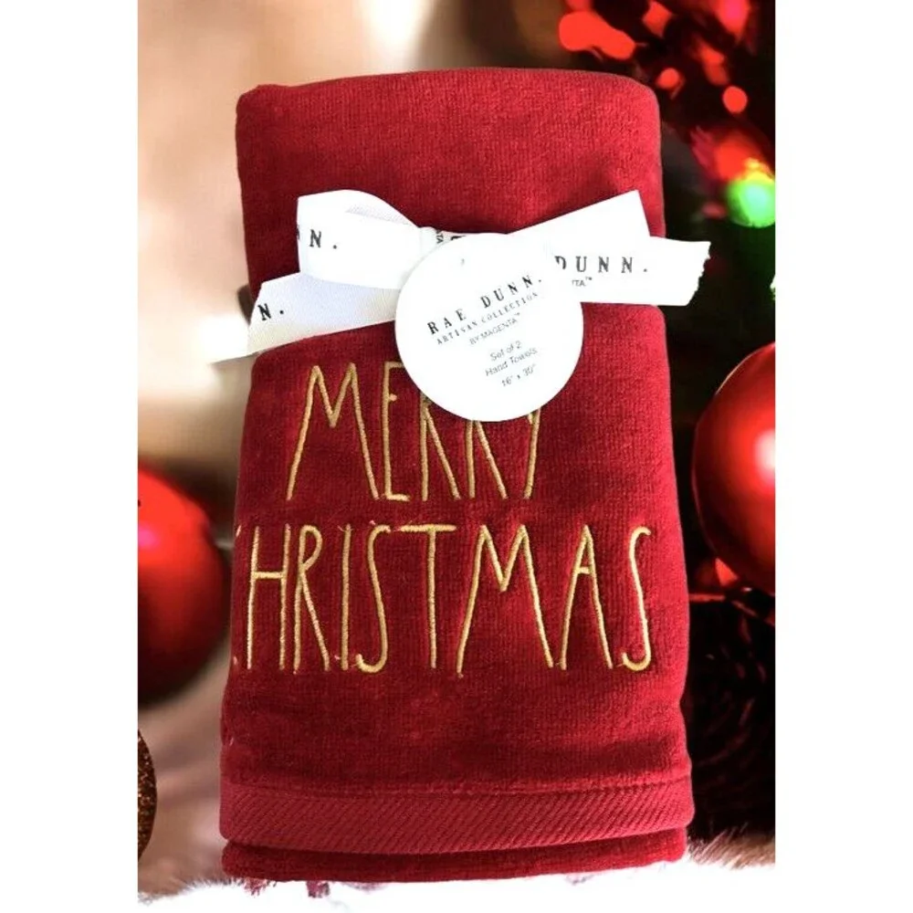 Rae Dunn Merry Christmas Hand Towels Red Gold Guest Bath Embroidered Set of 2